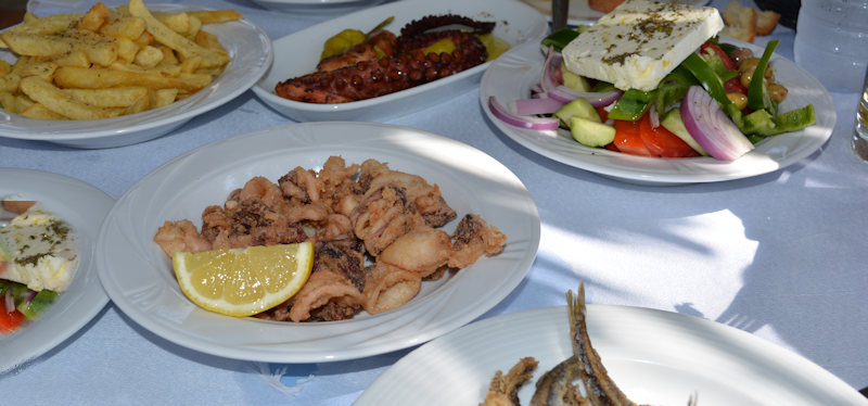 Greek food, various dishes in a tavern